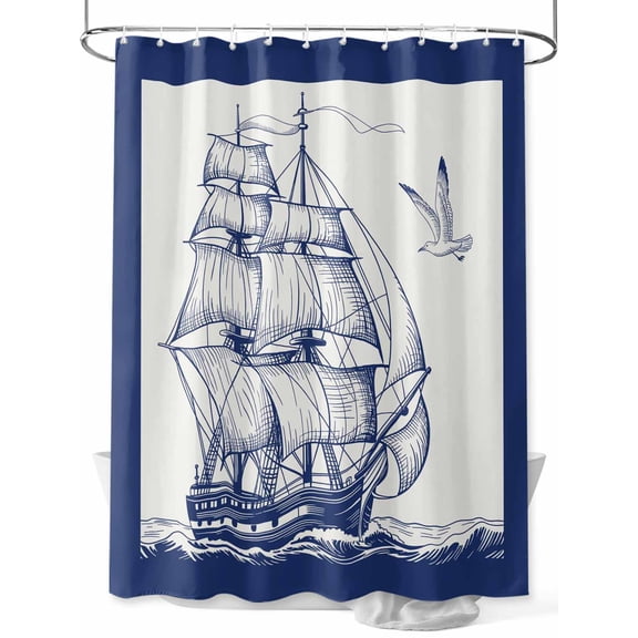 Shower Curtain Seagull Sailing Boat Bathroom Curtains with Hooks, Waterproof Fabric Blue Ocean Navigation Bath Shower Curtains Set for Bathroom Bathtubs Decor 36x72 Inch