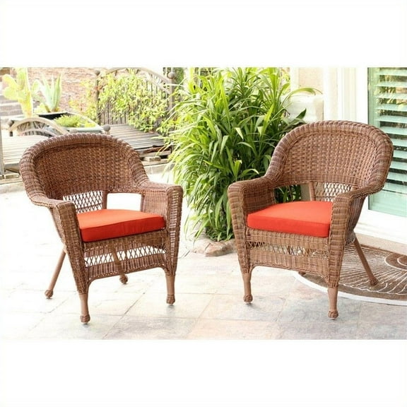 Jeco Wicker Chair in Honey with Red Cushion (Set of 2)