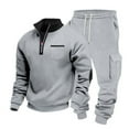 thumbnail image 6 of Handshe Men's Fleece-Lined Sweatsuit Set, Solid Color Half-Zip with Zipper Pockets, Casual Cargo Sweatpants and Long Sleeve Stand Collar Cardigan for Daily Wear and Outdoor Activities, 6 of 9