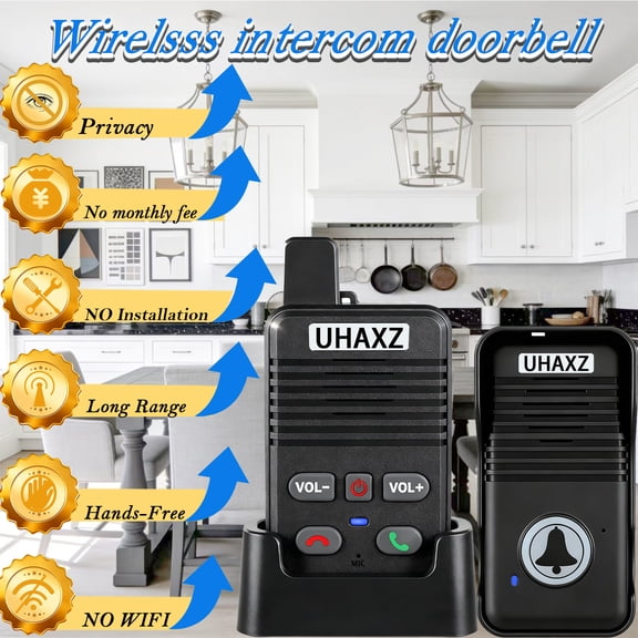 UHAXZ-Full Duplex Wireless Intercom Doorbell, 1000ft Long Range, Hands-Free Intercom Door Bell 2 Way Communication,Intercom for Home(Black1 Pack