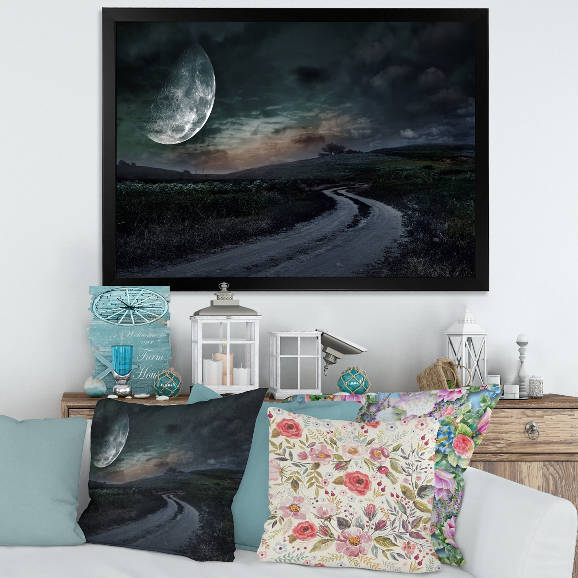 Designart 'The Meadow Under Full Moon With Rural Road Through ' Nautical & Coastal Framed Art Print