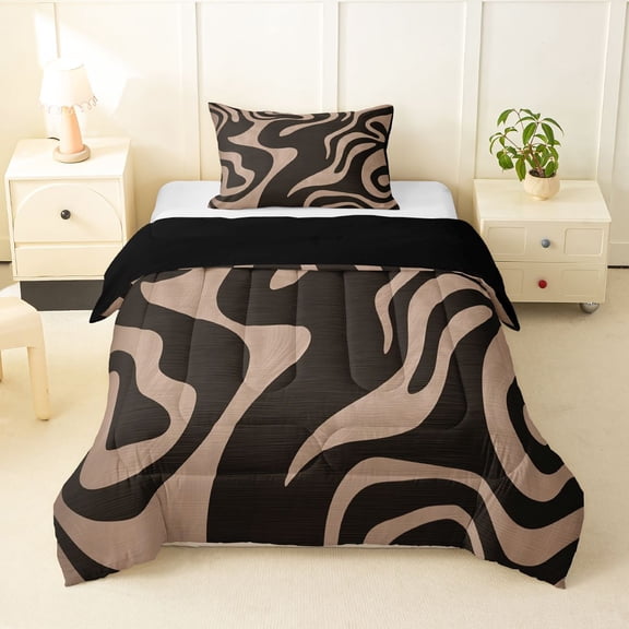 Homewish Retro Wavy Swirl Twin Comforter Sets,Aesthetic Geometric Bedding Set,Brown,Black Reversible,2-Piece,1 Comforter and 1 Pillowcase