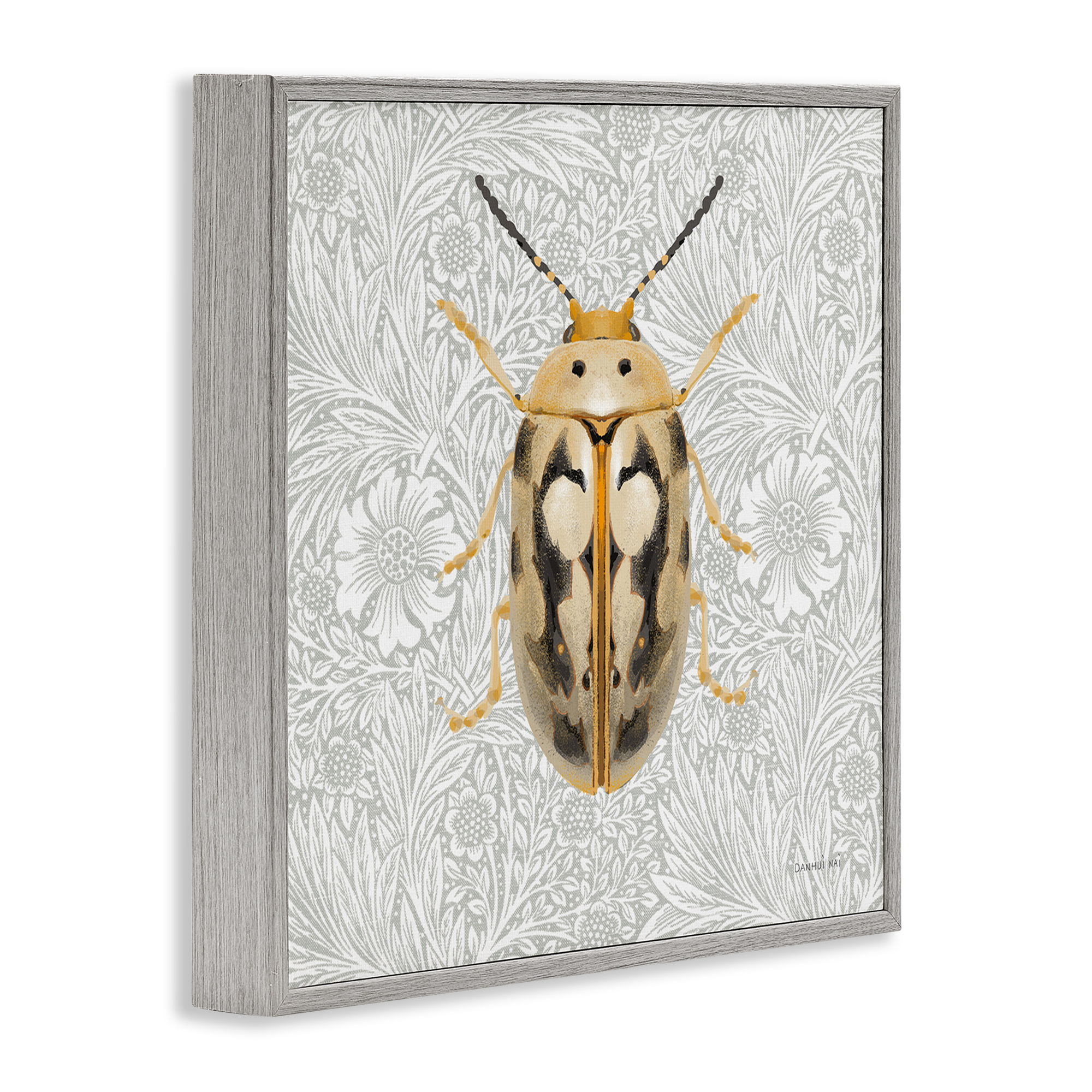 Stupell Industries Vintage Beetle Floral Pattern Animals & Insects Painting Gray Framed Art Print Wall Art, 12 x 12
