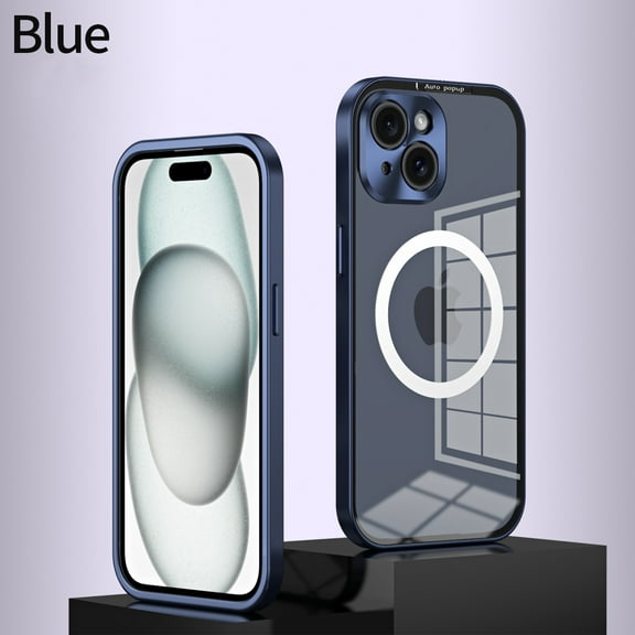 iPhone 15 Magnetic Case, Magnetic Snap Clear PC Back Cover Aluminum Frame Shockproof Bumper Slim Fit Compatible with Magsafe Phone Case for Apple iPhone 15 - Blue