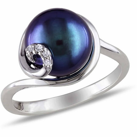 - 9-9.5mm Black Cultured Freshwater Pearl and Diamond-Accent Sterling Silver Swirl Ring