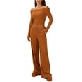 thumbnail image 2 of Dazajoo Women's 2 Piece Matching Lounge Set Long Sleeve Off Shoulder Top and Wide Leg High Waist Pants with Pockets Summer Beach Casual Vacation Sets,Coffee,XL, 2 of 5