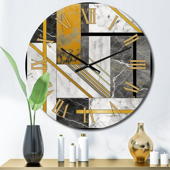 Designart "Polished Marble Granite Agate with Gold Highlights X" Modern Geometric Oversized Wall Clock