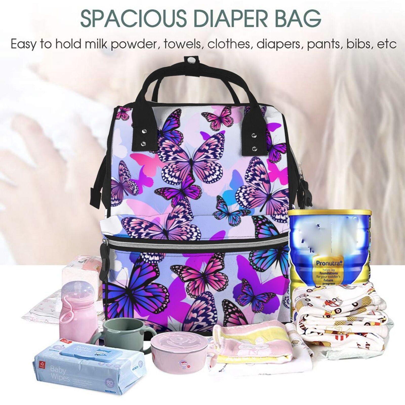 Ratiio Flying Butterflies Mummy Backpack - Waterproof Twill Canvas, Large Capacity Diaper Bag with Multiple Pockets and Adjustable Straps