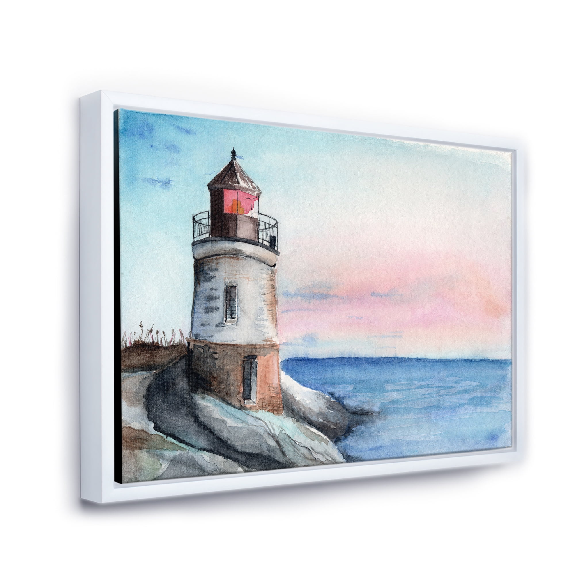 Designart 'A Lighthouse On A Rock Shore At Dawn' Nautical & Coastal Framed Canvas Wall Art Print