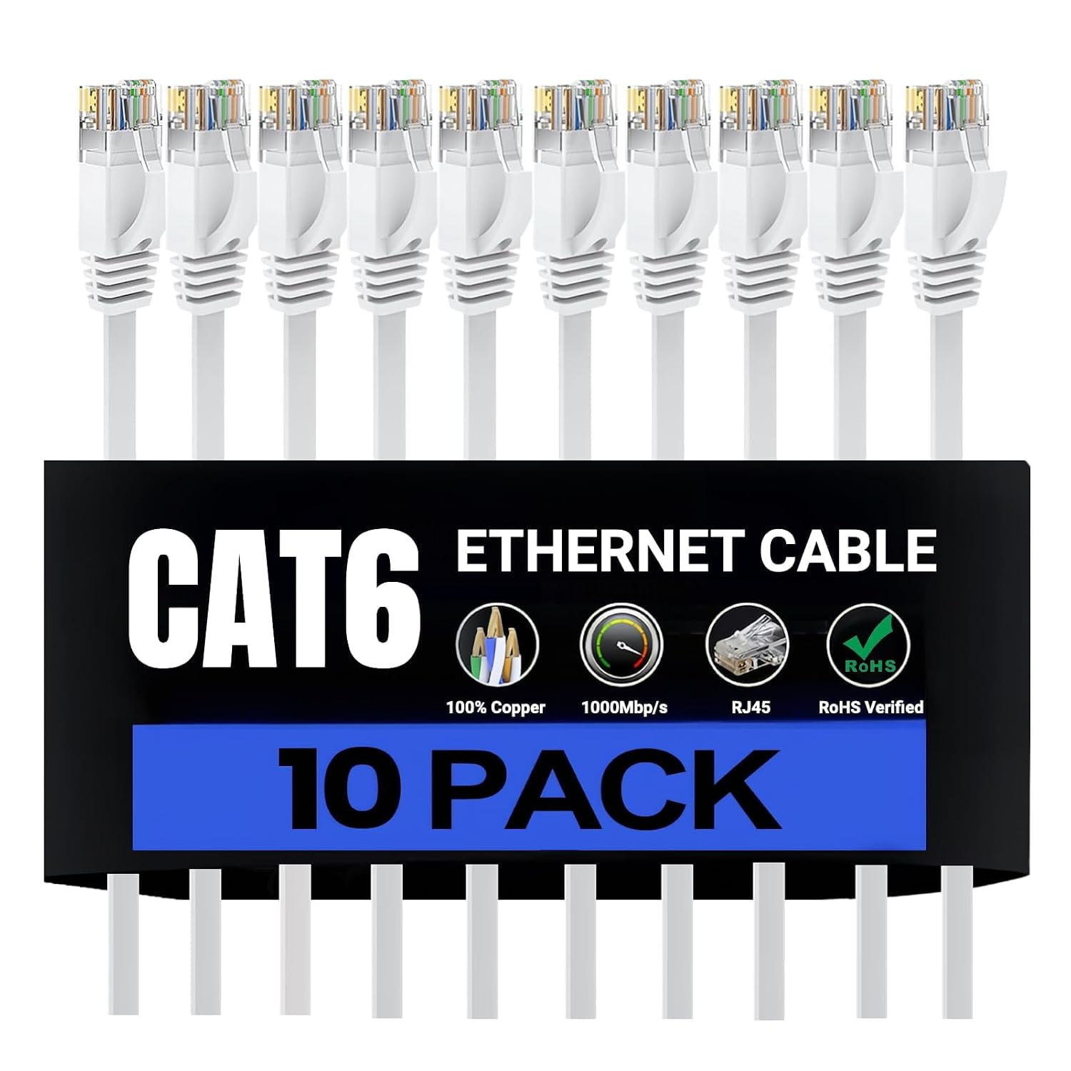 CAT6 Ethernet Cable 6.6 ft 10 Pack, Flat High Speed 1000Mbp/s Network Cables with Durable RJ45 Gold-Plated Connectors, Outdoor&Indoor, for Router, Modem, PS4/5 (6.6 Feet 10pack)
