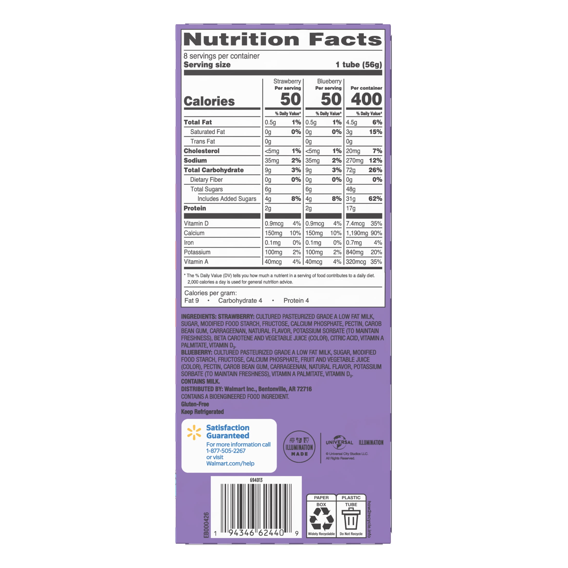 Great Value Kids Low-fat Strawberry & Blueberry Yogurt, 2 oz Yogurt Tubes, Variety Pack, 8 Count