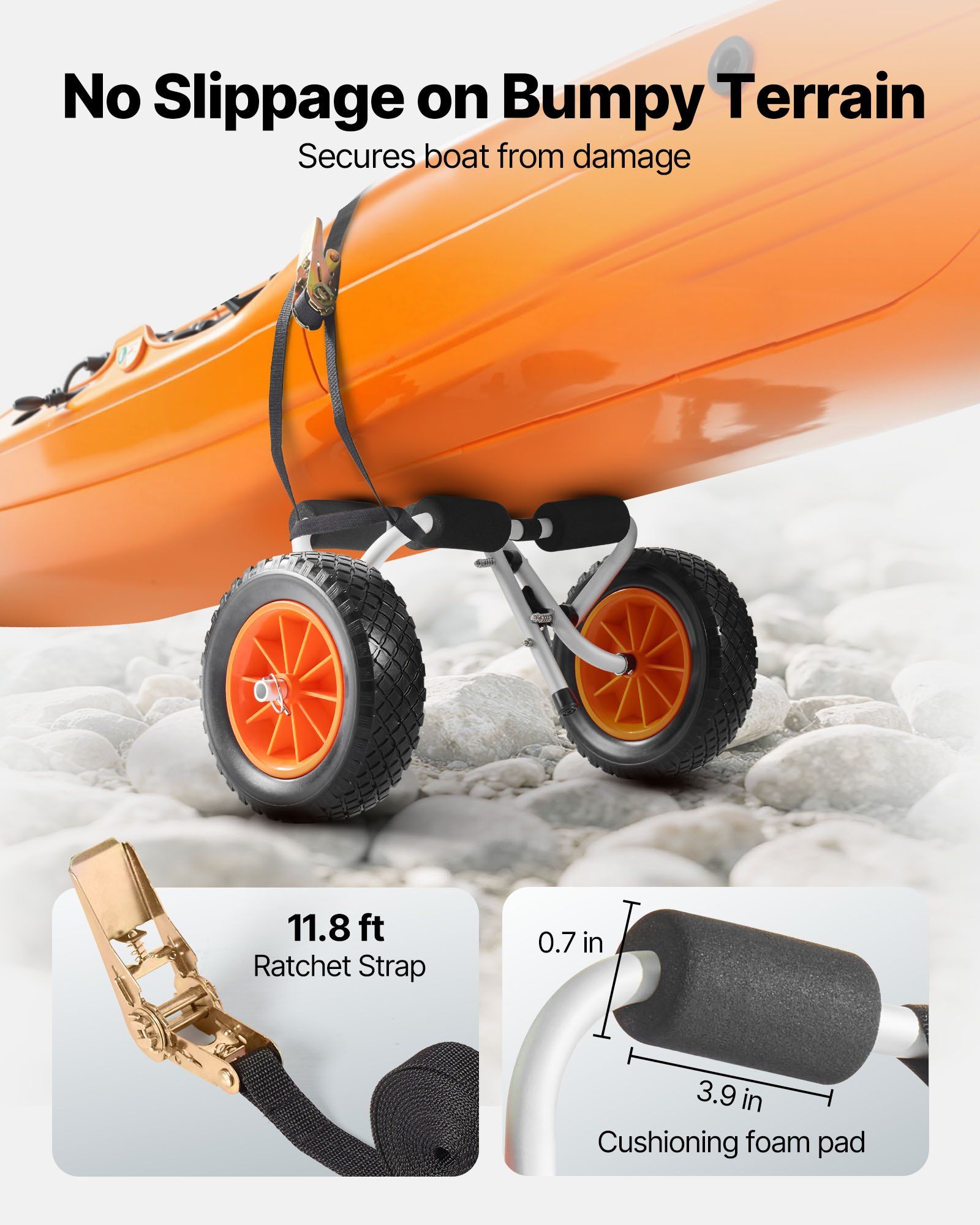 Foldable Kayak Cart Trolley with 10" Solid Rubber Tires & Ratchet Strap, 200 lbs Capacity, for Transporting Kayaks, Canoes, Paddle Boards, Jon Boats, Float Mats, Carrier Caddy