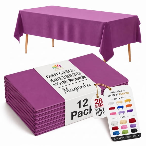 Trendables Magenta Rectangle Plastic Tablecloths, 54" x 108", 12 Pack Disposable Covers