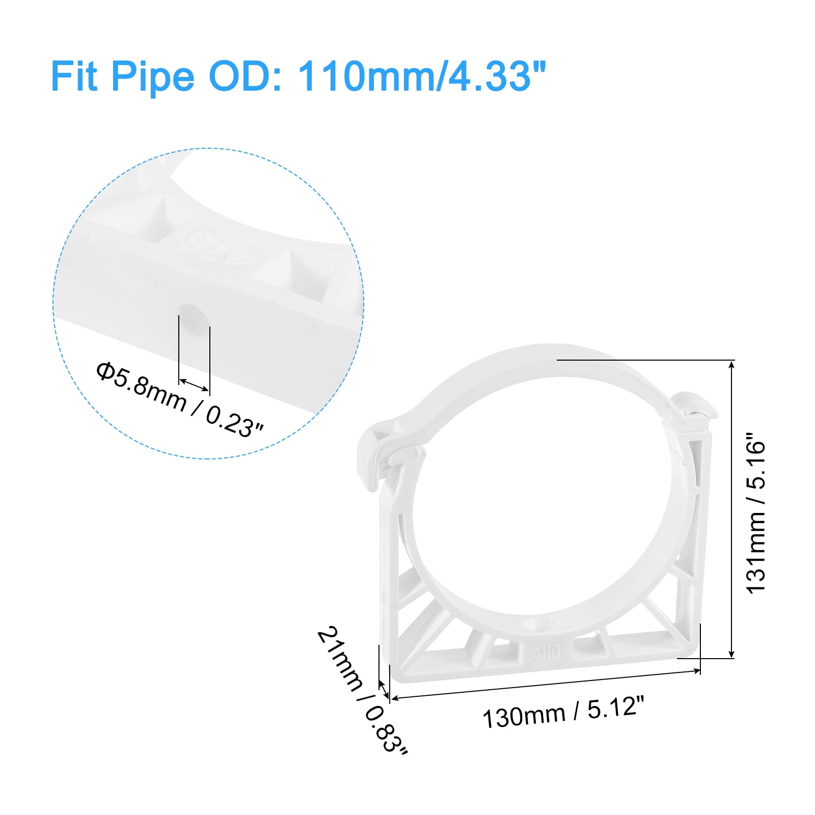 Uxcell 6Pack PPR Water Pipe Clamps, U Shaped Pipe Clamp Clips with Fixing Clip Fit for 110mm/4.33" OD Water Pipes, White