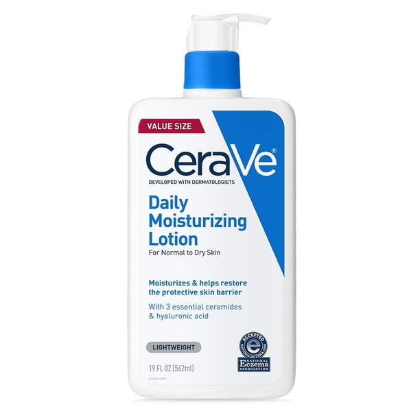CeraVe - Loción hidratante diaria | 19 onzas | Loción facial y corporal para piel seca con ácido hialurónico | Sin fragancia