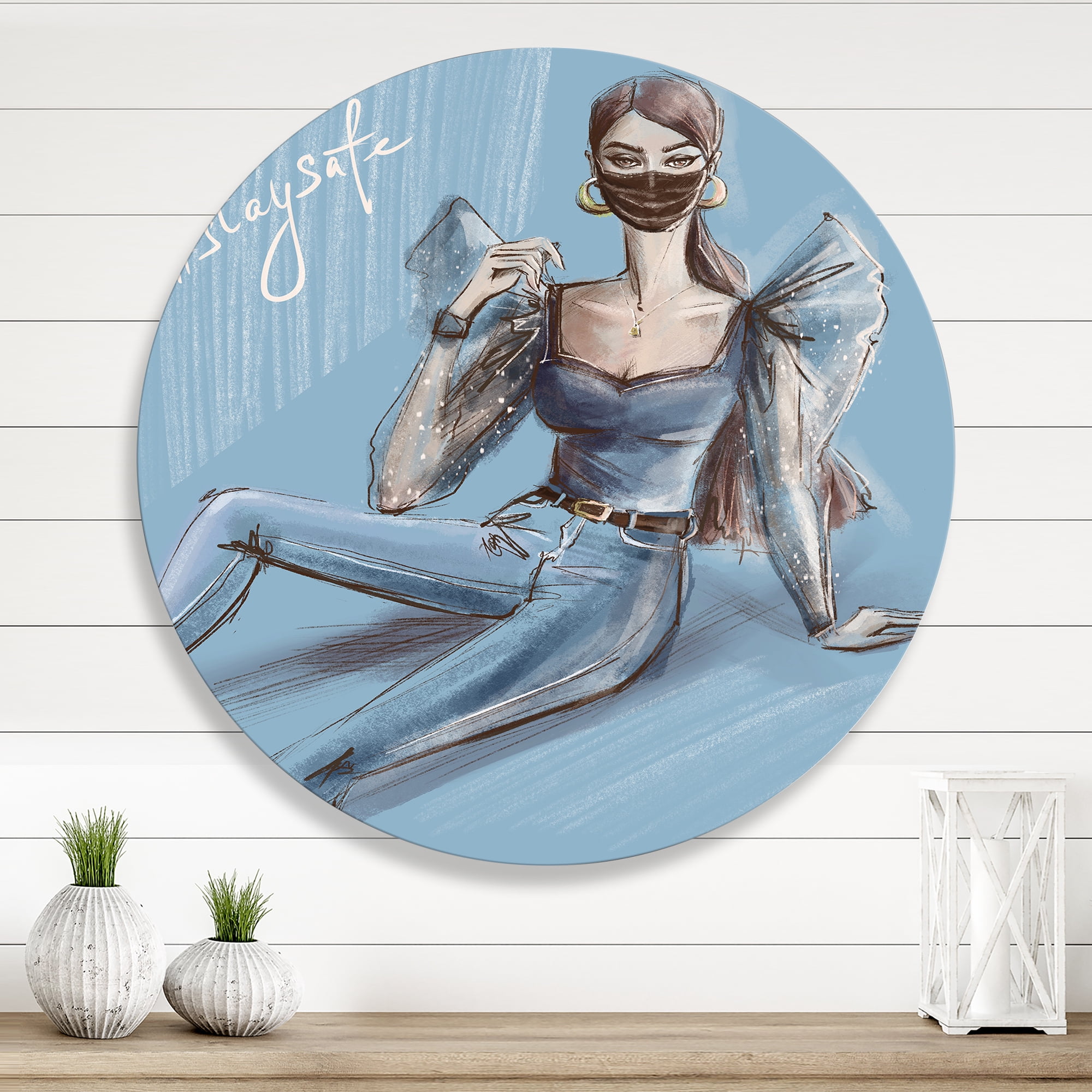 Designart 'Stylish Beautiful Woman Wearing Medical Mask' Traditional Circle Metal Wall Art 23x23 - Disc of 23