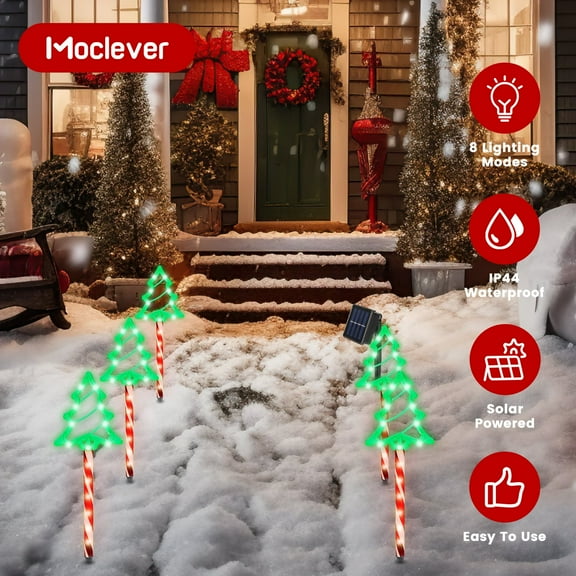 Moclever 5Pcs Christmas Outdoor Pathway Light, IP44 Waterproof Solar Christmas Tree Decoration Stake Light with 8 Modes for Garden Porch Yard