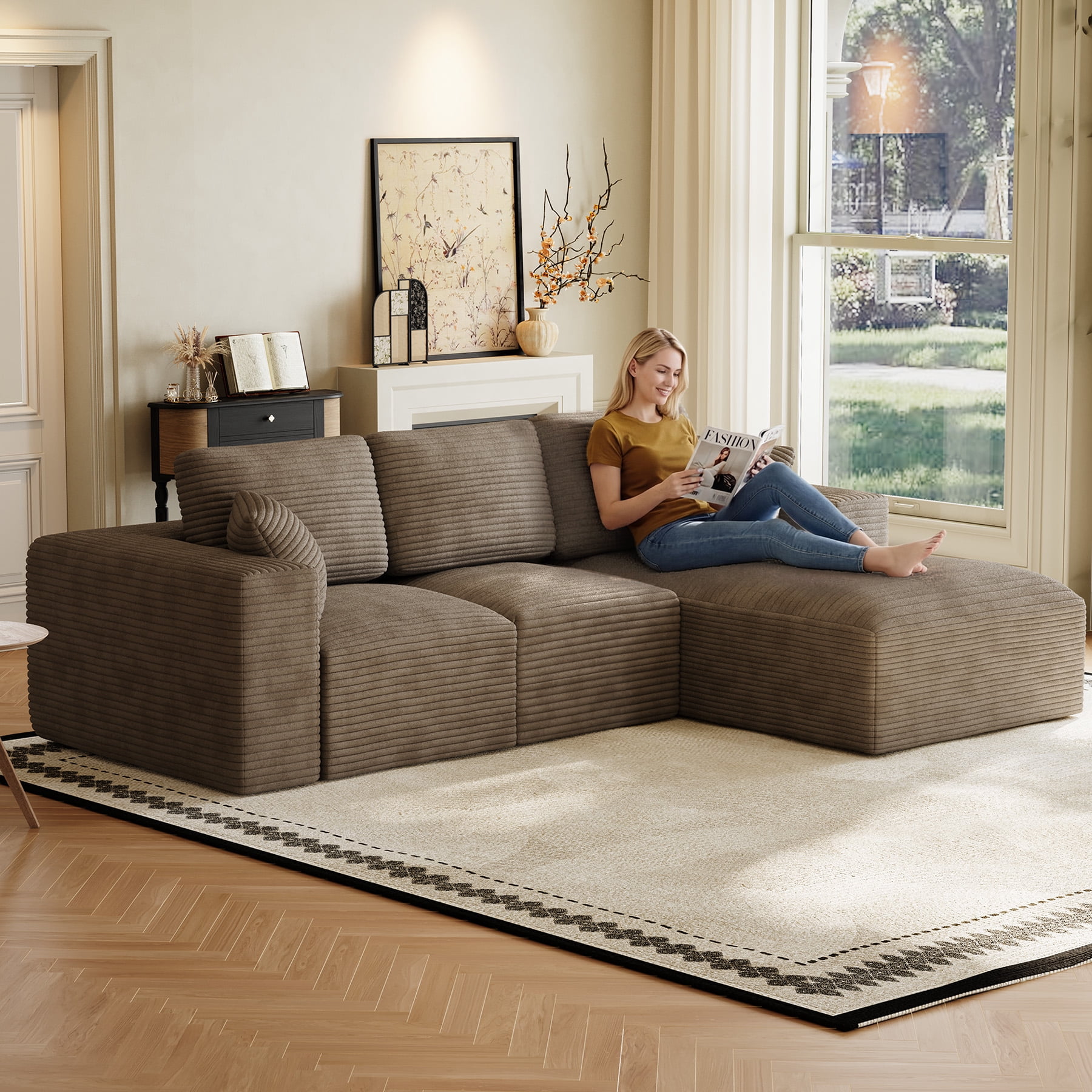 Wiilayok 109" Cloud Sectional Couch with L-Shape Chaise,Modern Modular Sofa with Deep Seat, Comfy Boneless Upholstered Couches for Living Room Bedroom,Light Brown