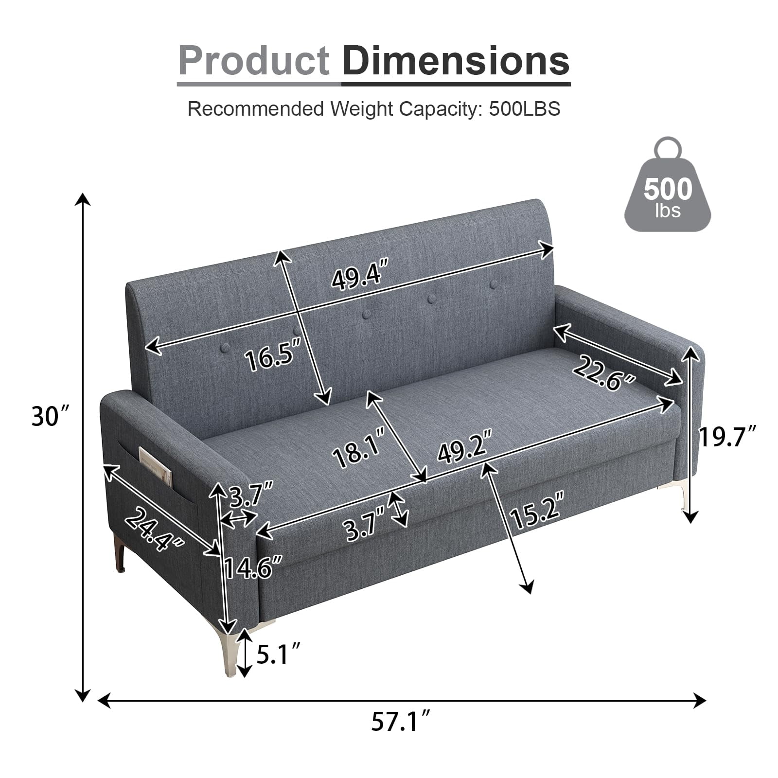 57" Multi-functional Storage Loveseat Sofa,Upholstered 2 Seat Sofa with Side Pockets for Living Room, Bedroom, Office, Small Space,Grey