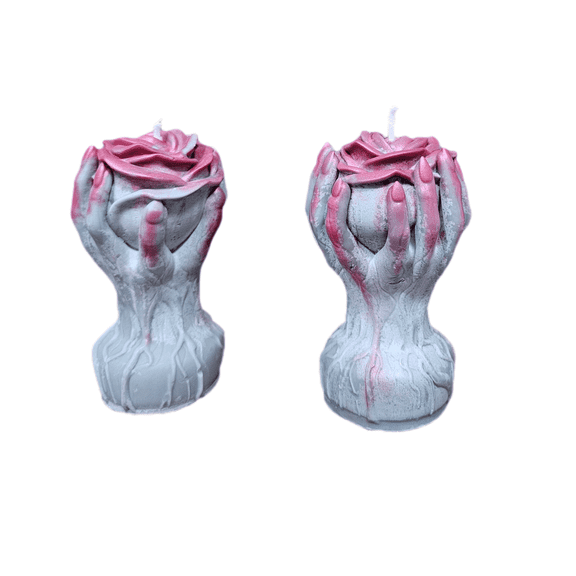 Gothic Spooky Halloween Candle Set, Hand Claw with Rose Design, Gray and Red, 5 oz, Decorative Sculpted Candles, Green Apple Scented,2 Pack
