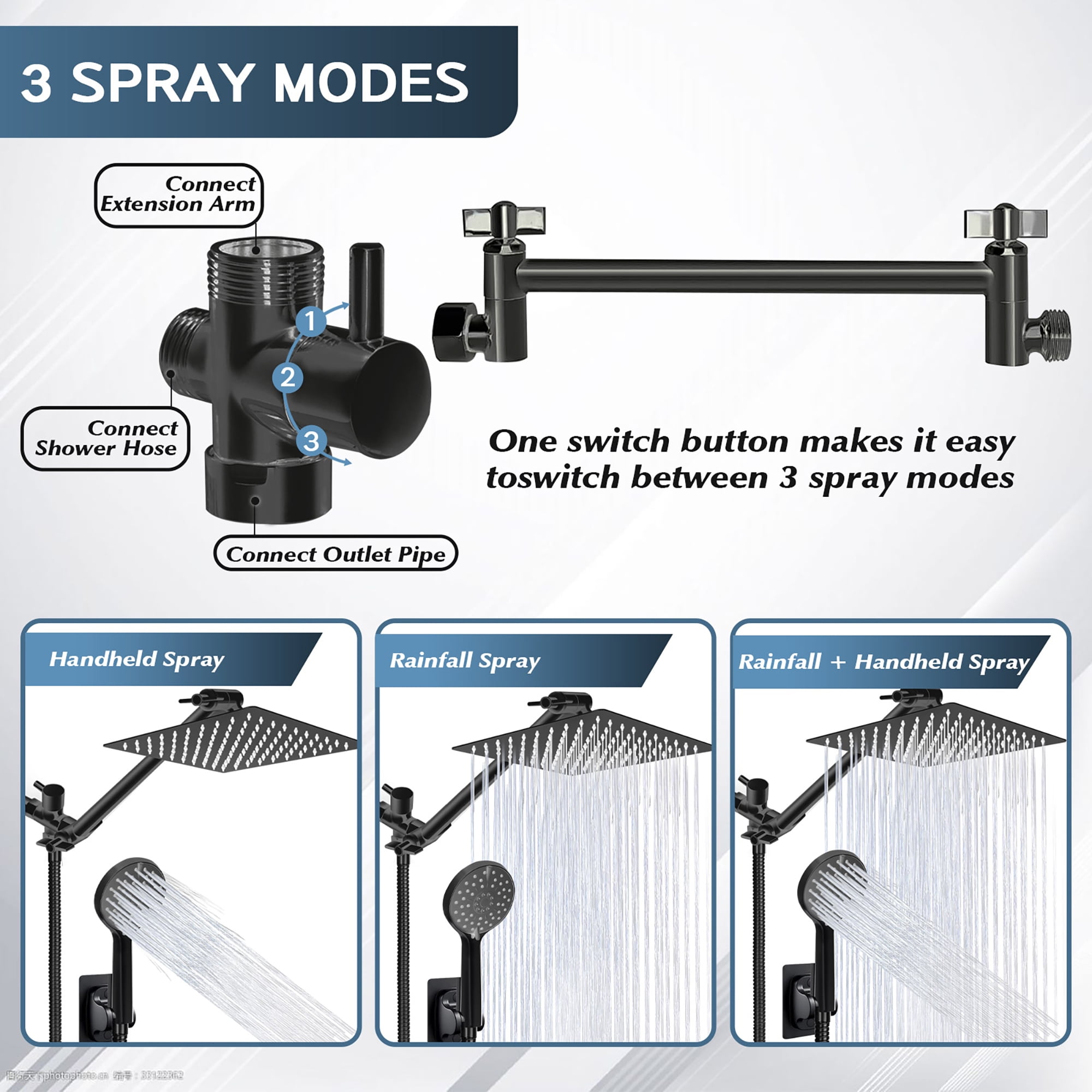 Scilulu Shower Head,8"Rain Shower Head with Handheld Spray Combo with 11'' Angle Adjustable Extension Arm/Flow Regulator/Shower System,High Pressure Rainfall Shower Head Clean Bathroom,Matt Black