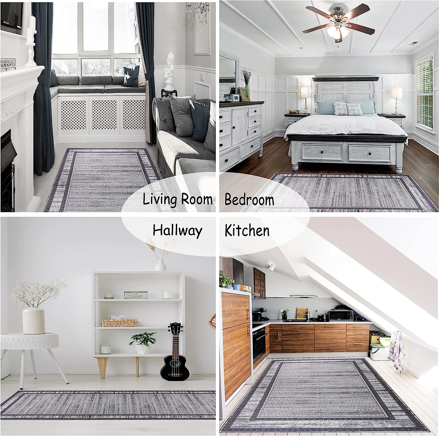 Gloria - Washable Area Rug Low Profile Bordered Washable Runners Anti Slip Backing Rugs for Living Room Light Weight Foldable Carpet