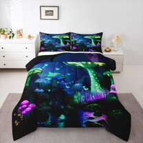 Castle Fairy Boys Girls Abstract Mushroom Bedding Comforter Set 2pcs,Neon Lights Botanical Plants Twin Comforter Sets Microfiber,Flying Butterflies Breathable Bedding Set,Super Cozy Room Decor