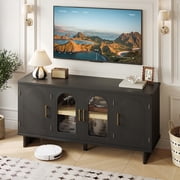 Bestier Mid-Century Modern TV Stand for 65 inch TVs, 4-Door TV Cabinet,TV Console Table with Glass Doors,TV Stand with Storage for Living Room/Dinning Room/Entrance Way/Coffee Bar,Black