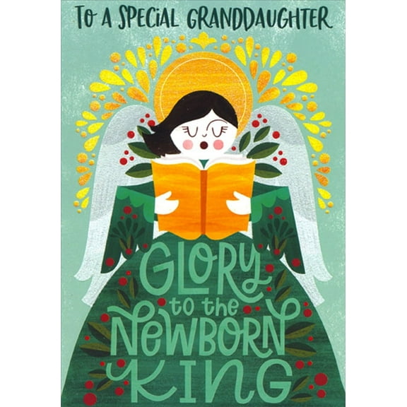 Designer Greetings Singing Angel in Green Dress Holding Song Book Religious Christmas Card for Granddaughter