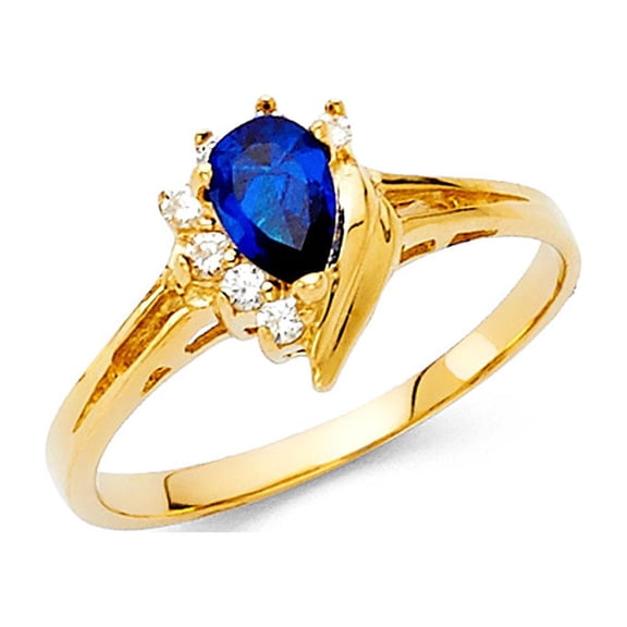 14k Yellow Gold CZ Pear Fashion Ring Halo Blue CZ Band Teardrop Cocktail Ring Style Fancy Size 7