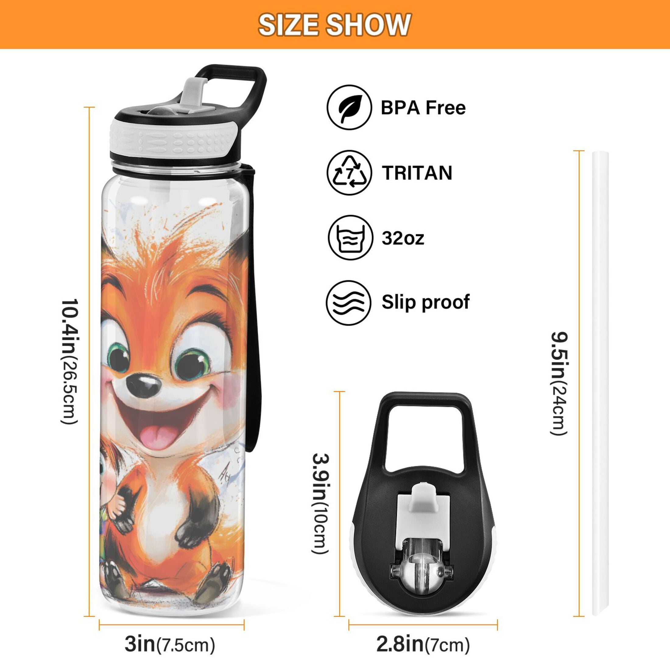 Baby and Fox 1000ml Tritan Sport Bottle Straw LeakProof Food-Grade Portable Wide Handle
