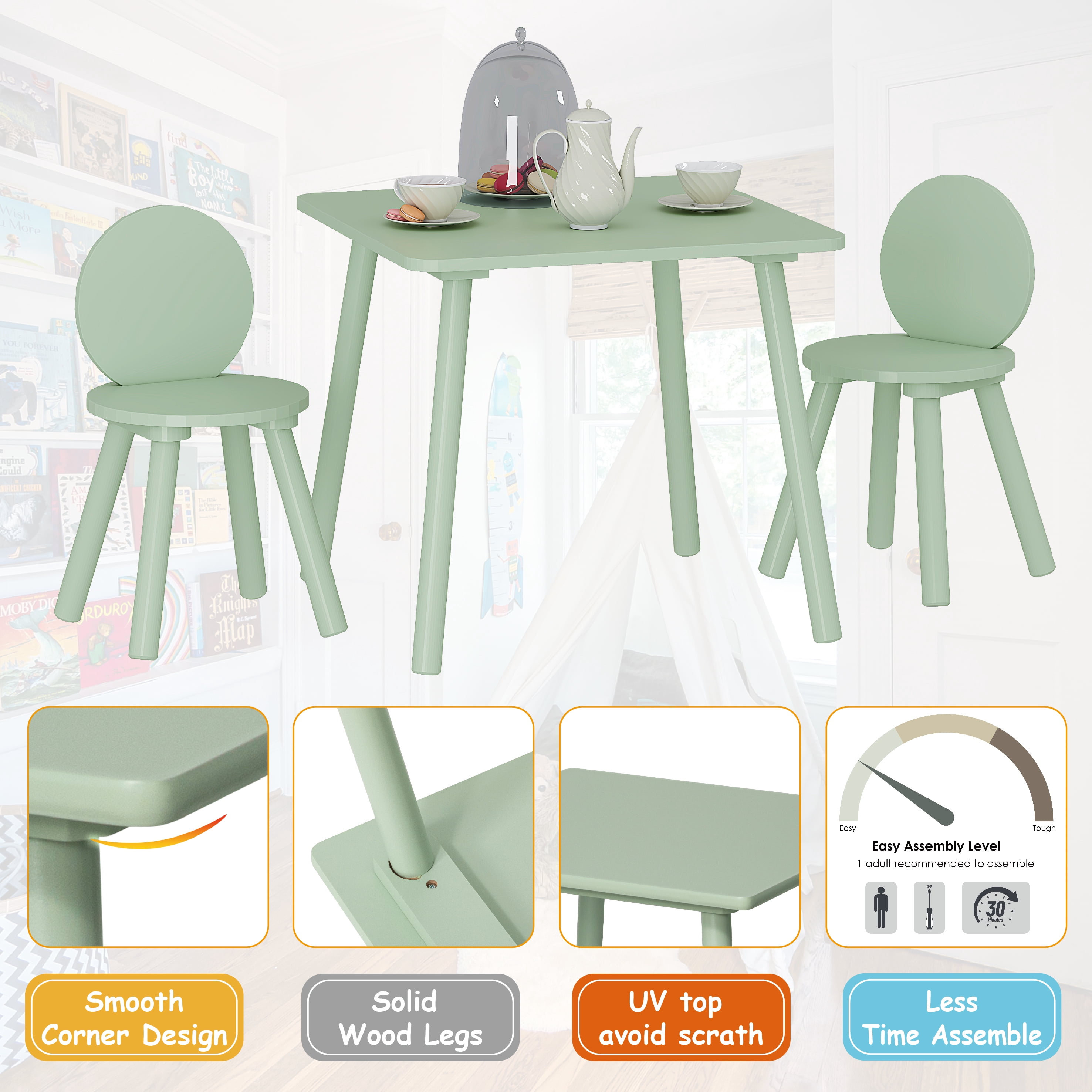 STAROUS 2-in-1 Kids Table with 2 Chairs Set, Mint Green
