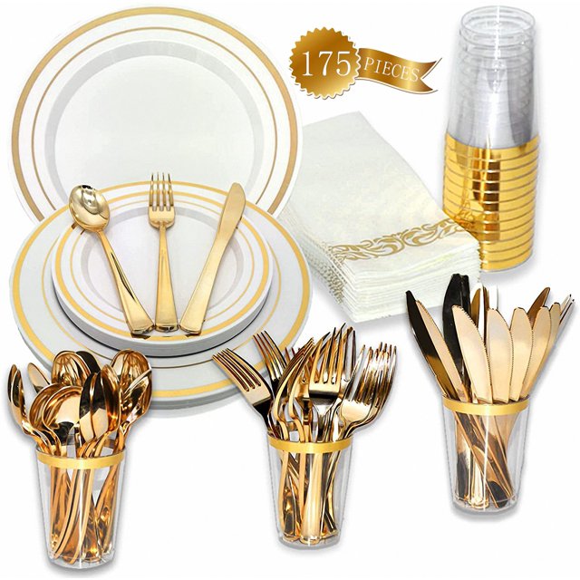 AFHYZY 175PCS Gold Plastic Plates Disposable Gold Plastic Dinnerware Set for 25 Guest Birthday