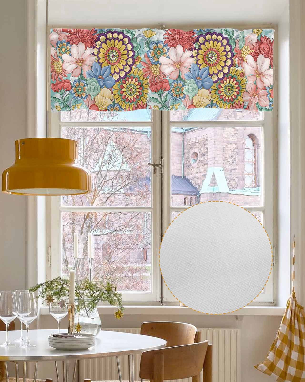 Boho Floral Kitchen Valances for Windows Farmhouse Linen Window Valance Curtain for Living Room Window Treatment Bohemia Country Colorful Mandalas Flower Valance Rod Pocket Topper Drape, 60 x 18 Inch