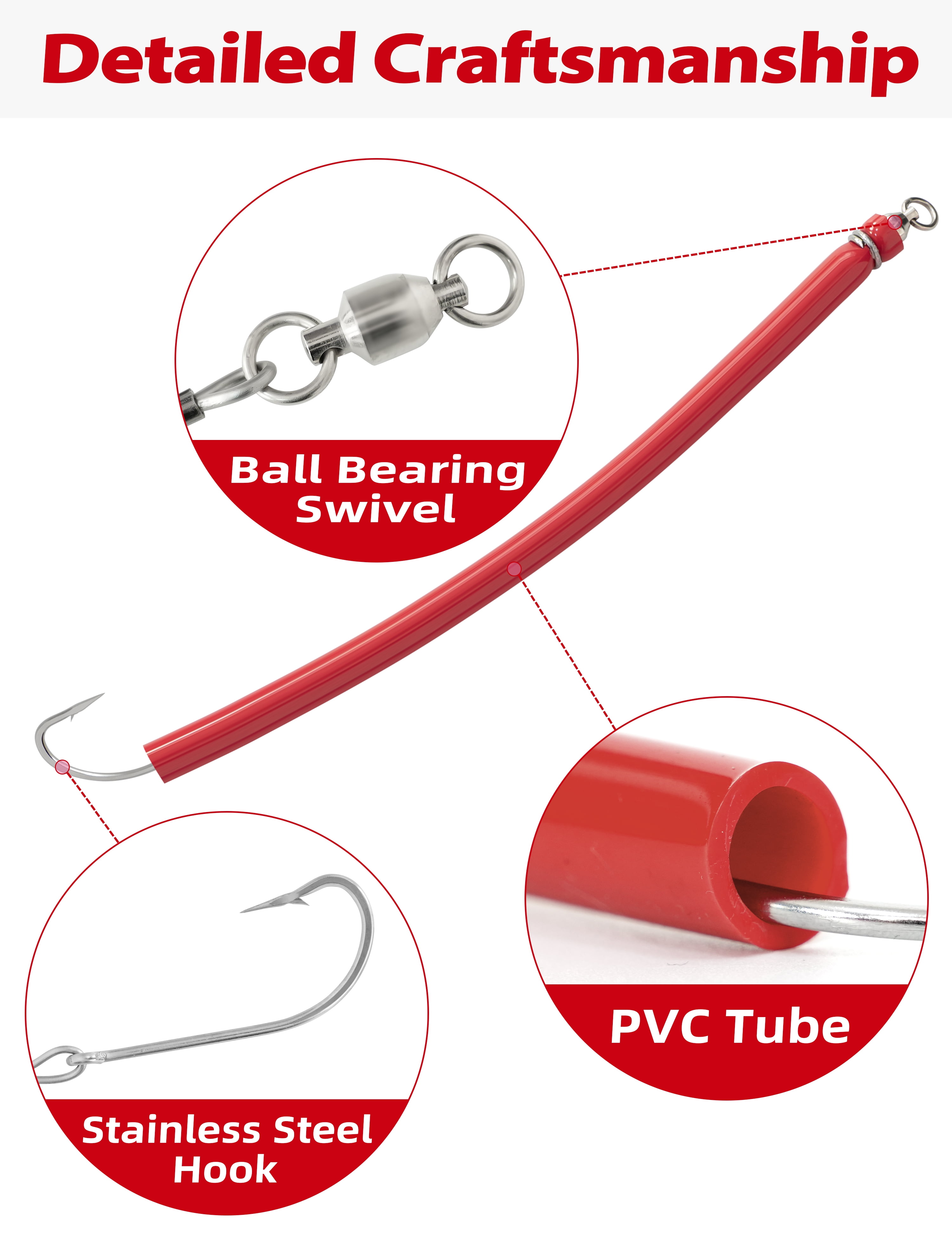 BLUEWING 15in Trolling Tube Fishing Lure with Soft Stainless Steel Wire and Single Hook Saltwater Striped Bass Trolling Tube Teaser Red