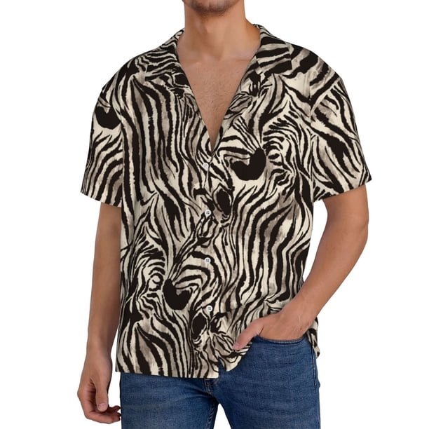 Balery Leopard And Zebra1 Camisa Casual de Manga Corta con Botones para Hombre, Texturizada, Estilo Cubano, para Playa, Verano-Small