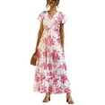 thumbnail image 3 of Frontwalk Women Long Dress V Neck Summer Beach Sundress Floral Print Maxi Dresses Holiday Baggy Short Sleeve White M, 3 of 3