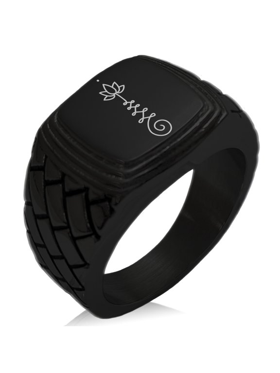 Stainless Steel Sacred Lotus Unalome Geometric Pattern Step-Down Biker Style Polished Ring