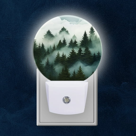 Round LED Night Lights Lamp with Dusk to Dawn Sensor, Dense Pine Forest Shrouded In Mist With The Mountains Night Light Plug Into Wall for Kids Room, Bedroom, Bathroom, Kitchen, Hallway