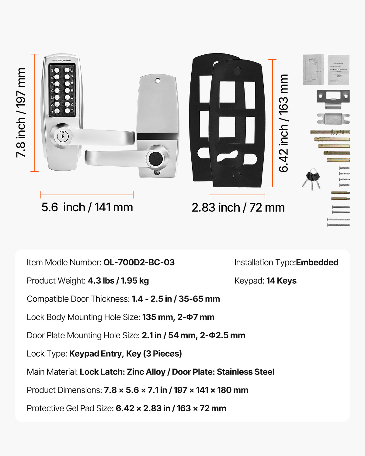 KFFKFF Non-Electronic Secure Entry Door Lock, 14-Key Mechanical Lockset with Key Option, Manual Keyless Door Lock with Handle, Durable Stainless Steel Weather-Resistant Lock for Home Office