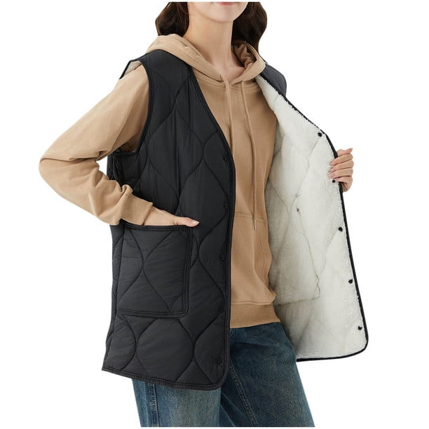 Chaqueta de mujer sin mangas de color liso con aislamiento de terciopelo grueso, de talla mediana a larga, parte superior de poliéster para mujer