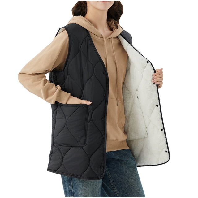EGNMCR Women's solid color down with thick velvet insulation medium to long sleeveless jacket Womens polyester top