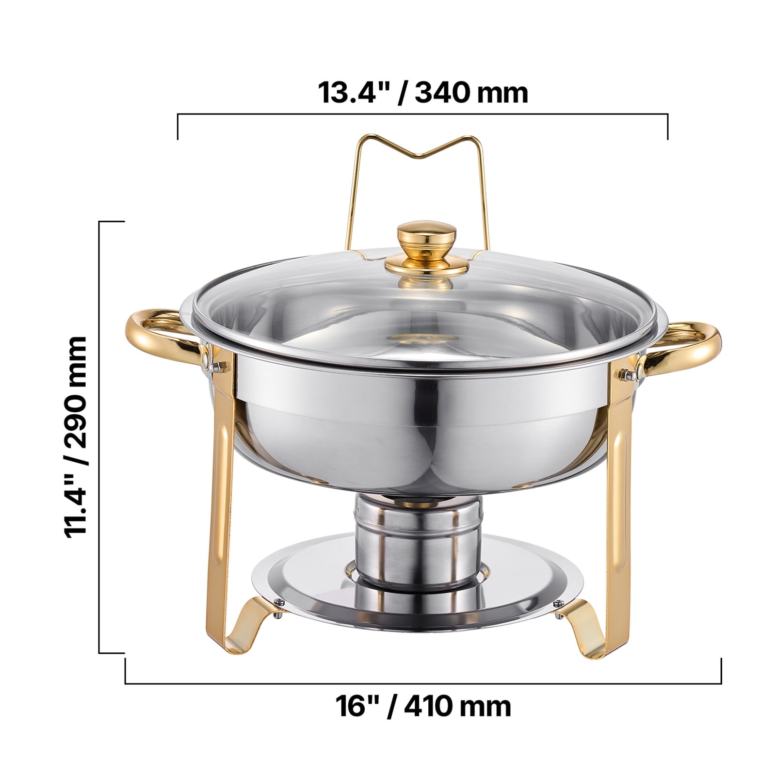 KFFKFF Dual Pack Buffet Service Set, 5 Qt Capacity, Constructed from Stainless Steel, Includes 4 Full-Size Pans, Round Food Heater with Glass Lid, Water Tray, Foldable Stand and Fuel Holder
