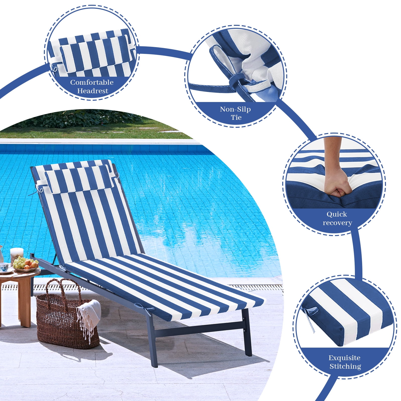 Outdoor Chaise Lounge Cushion, High-Density Foam Fill Patio Furniture Bench Cushions with Ties, Thicken Waterproof Replacement Back Chaise Cushions for Pool, Sand Beach (Blue White Stripes)