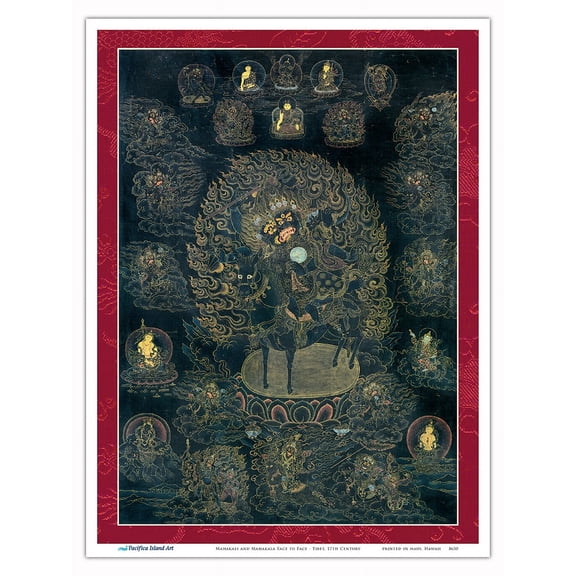 Mahakali and Mahakala (Great Black One) - Buddhist Tantric Deities - Vintage Tibetan Thangka Buddhist Painting - Tibet, 17th Century - Master Art Print (Unframed) 9in x 12in