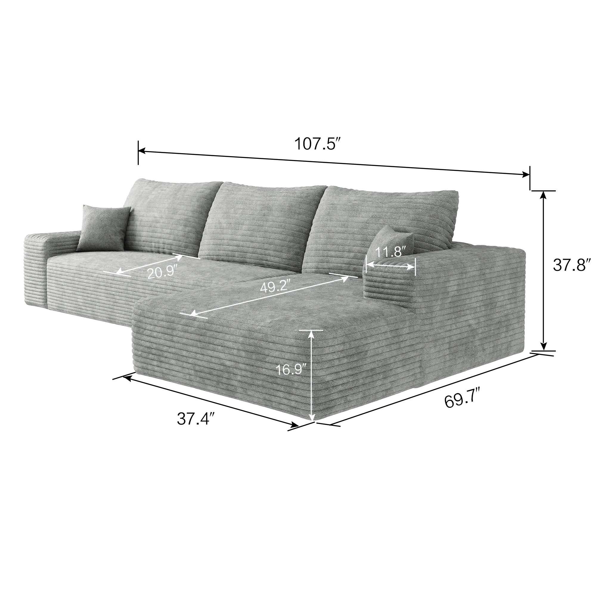 107" Modular Cloud Sectional Sofa with Right-Facing Chaise, Deep Seat Couch in Plush Corduroy Fabric, No Assembly, Grey