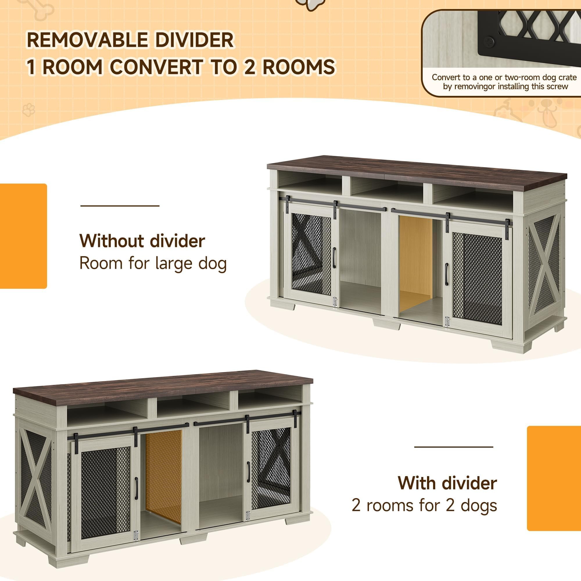 Dog Crate Furniture for 2 Dogs, Wooden Dog Cage with Storage Compartment, Indoor Dog Kennel with Removable Divider and 2 Sliding Barn Door for Large/Medium Dogs