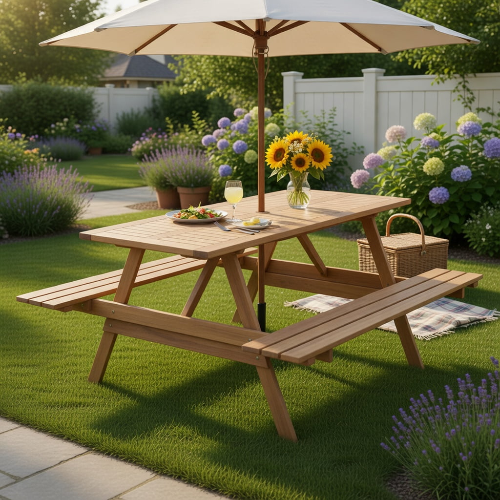 Hommoo 6-Person Outdoor Picnic Table Set with Built-In Benches & Umbrella Hole, Hardwood Rectangular Patio Table for Backyard, Garden, Poolside, Natural
