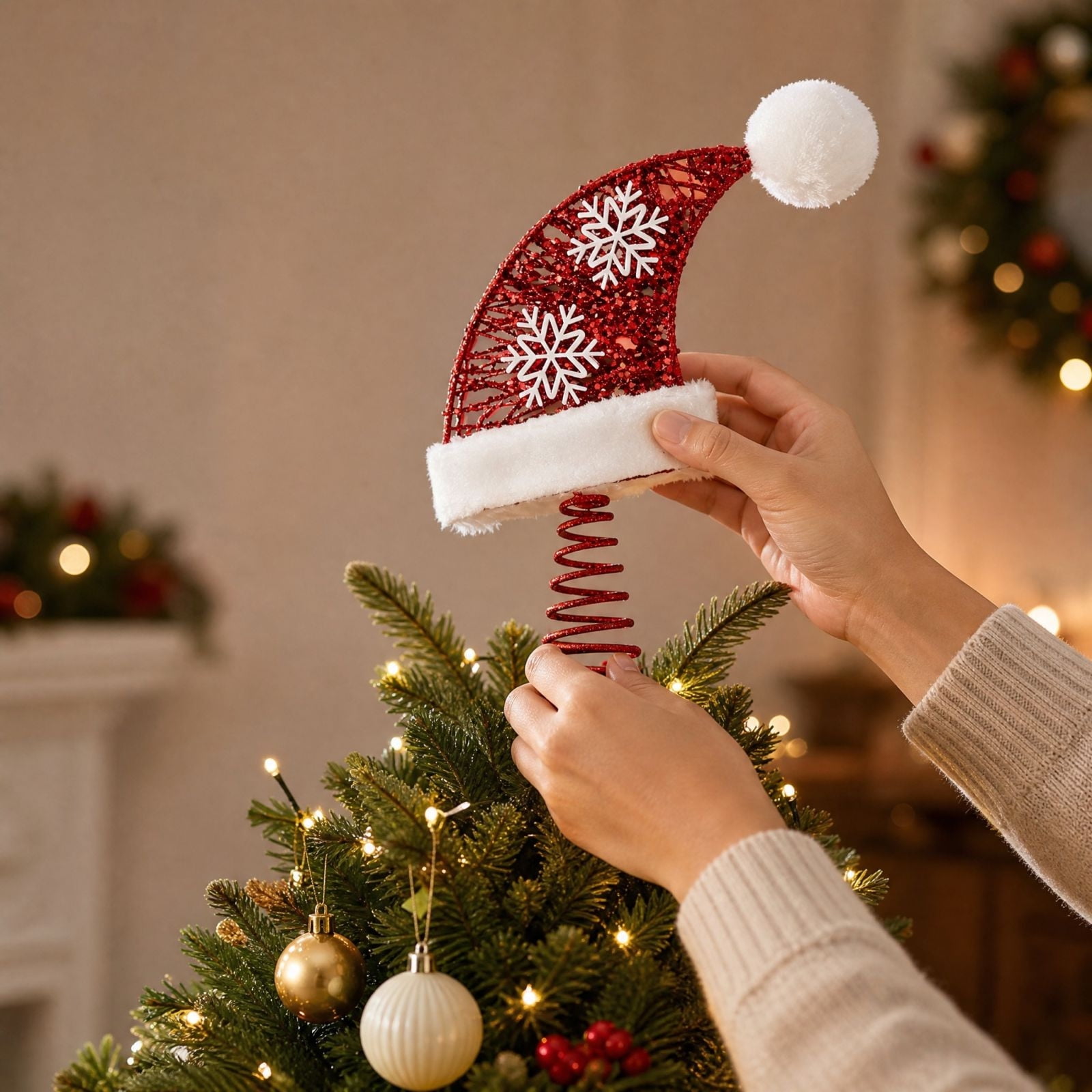 Dalxymotic Christmas Santa Hat Tree Topper Red Mesh Glitter Snowflake Ball Holiday Winter Decor Accent Christmas Decorations Indoor Outdoor for Home Mantel Shelf Window