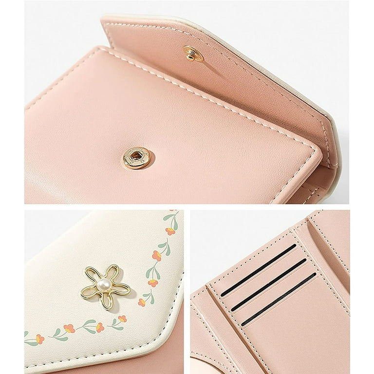 Qzbon CE Short Hand Pocket Wallet Snap Triangle Multi-Card Slot Flower Bud Women's Wallet/2PCS/Black+Green, Size: Small